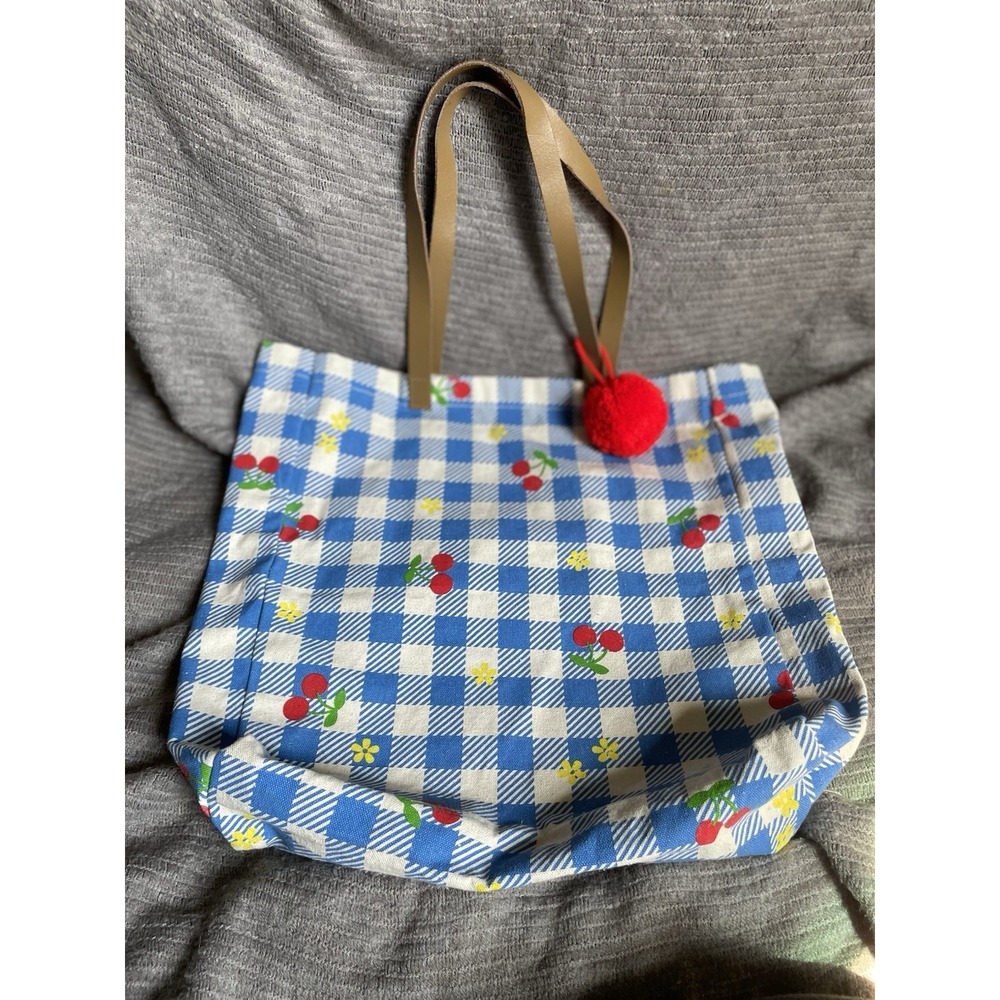 ECCOLO Cherry Canvas Tote Bag Blue White Gingham Checkered Pom Pom Charm